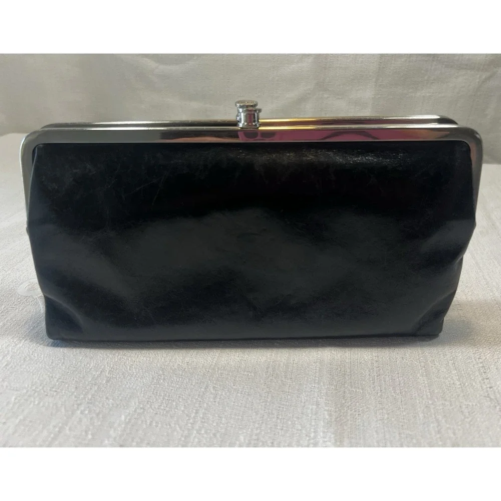 HOBO International Lauren Black Leather Double Frame Kiss Lock Clutch Wallet GUC